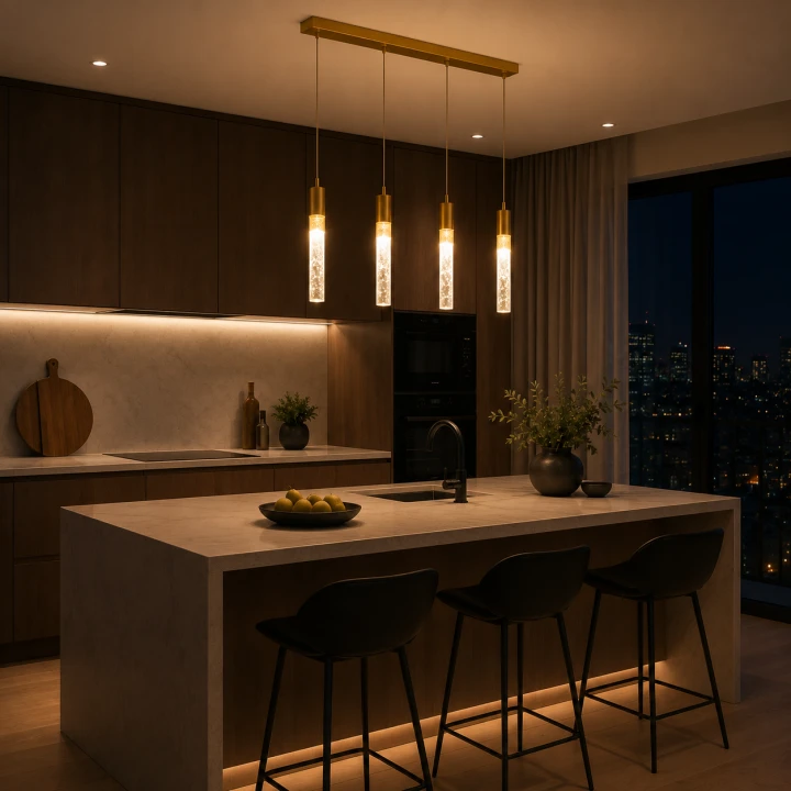 Lampa Wisząca LED 60cm Złota Crystal Drop 4 Kryształowe Tuby Nad Stół i Wyspę Glamour