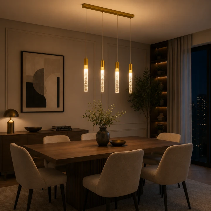Lampa Wisząca LED 60cm Złota Crystal Drop 4 Kryształowe Tuby Nad Stół i Wyspę Glamour