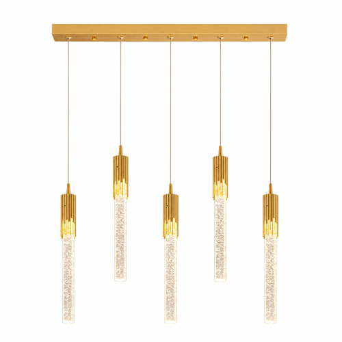 Lampa Wisząca LED 80cm Złota Crystal Drop 5 Kryształowe Tuby Nad Stół i Wyspę Glamour