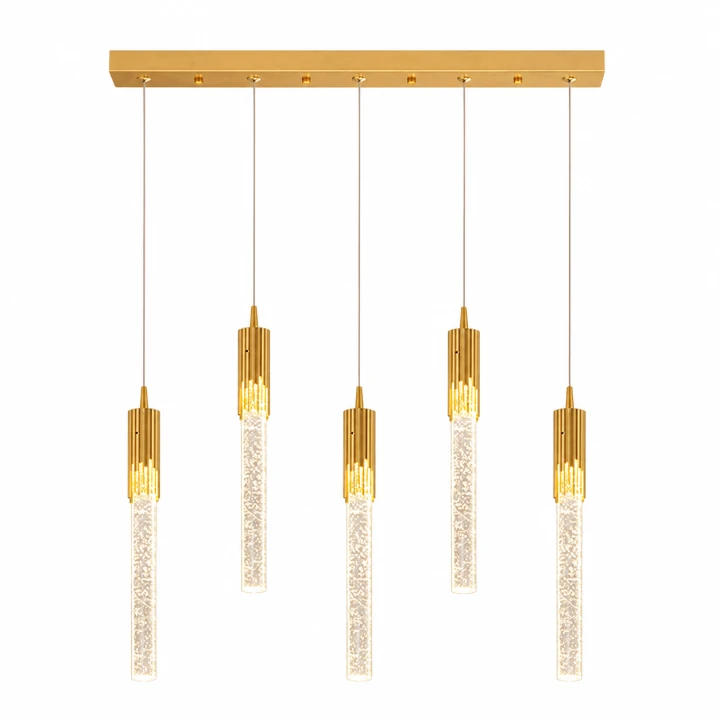 Lampa Wisząca LED 80cm Złota Crystal Drop 5 Kryształowe Tuby Nad Stół i Wyspę Glamour