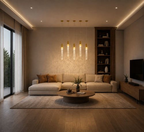 Lampa Wisząca LED 80cm Złota Crystal Drop 5 Kryształowe Tuby Nad Stół i Wyspę Glamour