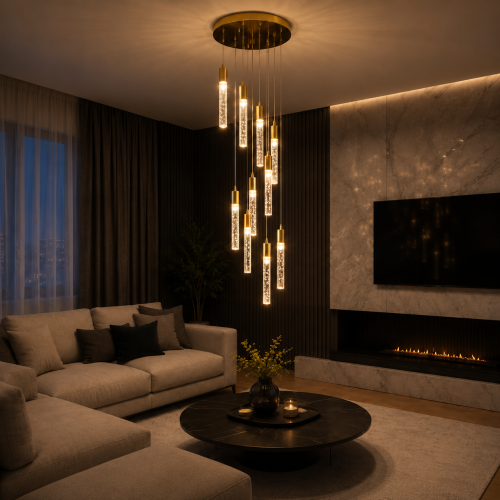 Złota Lampa Wisząca Kaskada LED Kryształowe Sople Tuby 10x 120cm Glamour CRYSTAL DROP