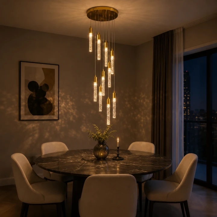 Złota Lampa Wisząca Kaskada LED Kryształowe Sople Tuby 10x 120cm Glamour CRYSTAL DROP