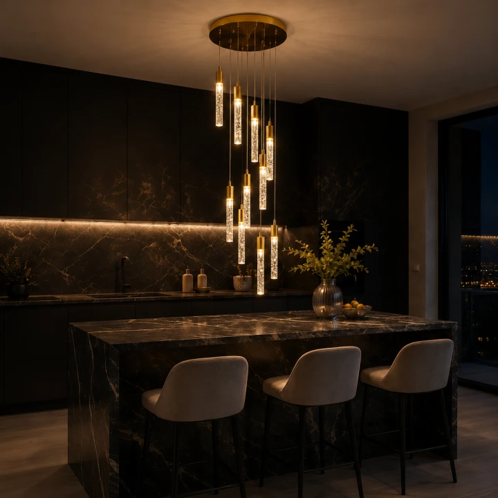 Złota Lampa Wisząca Kaskada LED Kryształowe Sople Tuby 10x 120cm Glamour CRYSTAL DROP