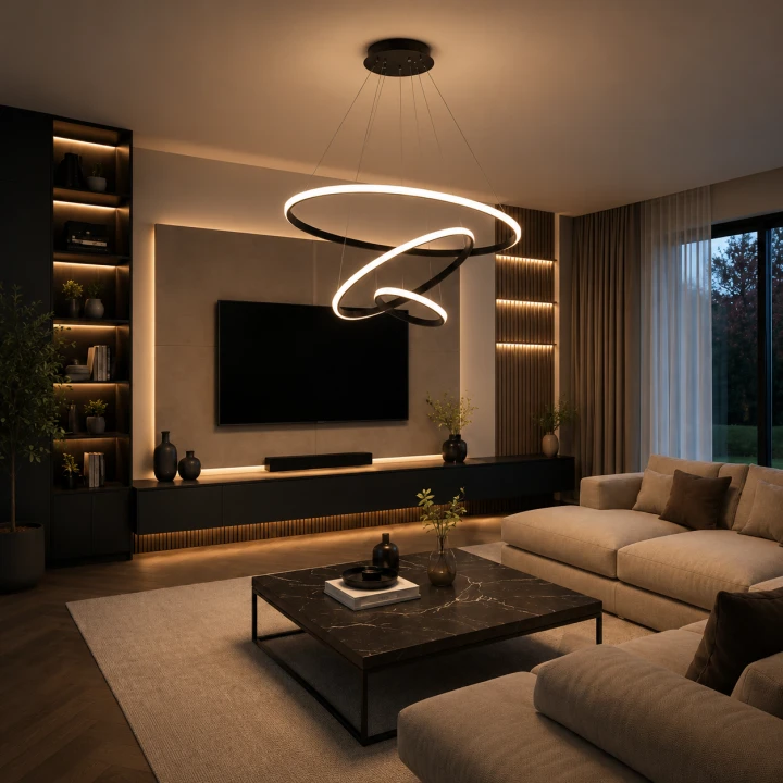 Lampa Wisząca LED Czarna Triple Ring Black Modern Żyrandol 3 Okręgi Glamour