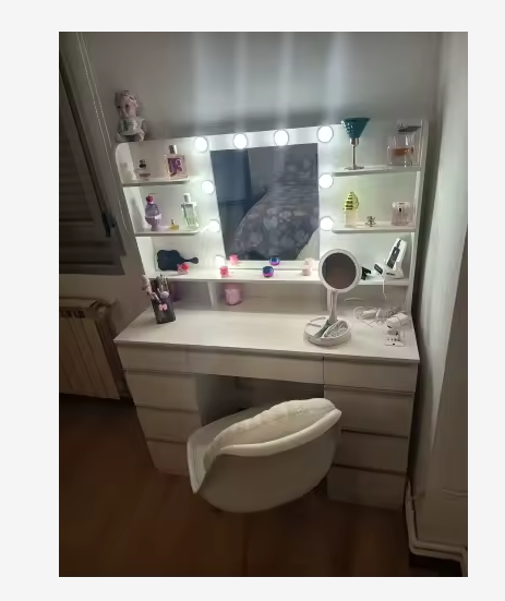 Duża Biała Toaletka kosmetyczna z lustrem i 10 lampami LED 9 szuflad