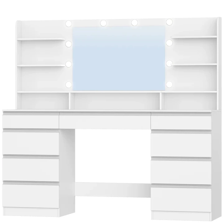 Duża Biała Toaletka kosmetyczna z lustrem i 10 lampami LED 9 szuflad