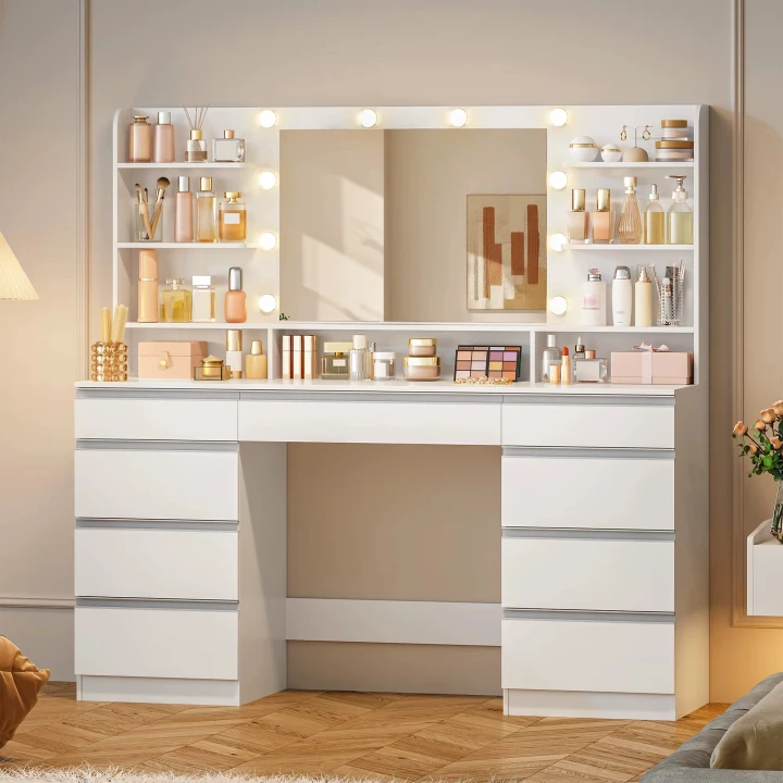 Duża Biała Toaletka kosmetyczna z lustrem i 10 lampami LED 9 szuflad