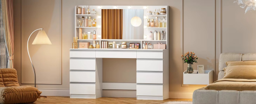 Duża Biała Toaletka kosmetyczna z lustrem i 10 lampami LED 9 szuflad