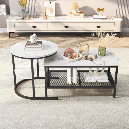 Zestaw 2 Stolików Kawowych z Efektem Marmuru Półki Metalowa Rama 80 × 46 cm i 52 cm