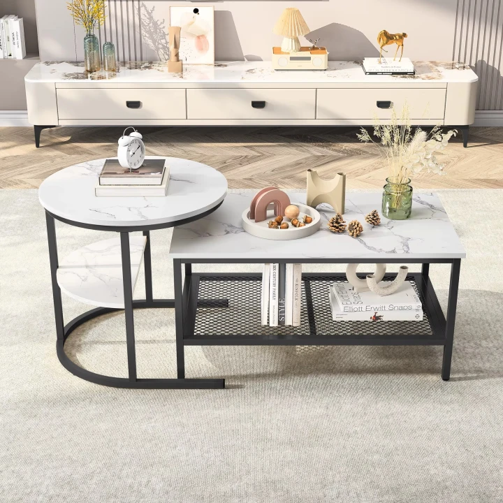 Zestaw 2 Stolików Kawowych z Efektem Marmuru Półki Metalowa Rama 80 × 46 cm i 52 cm