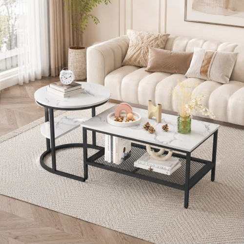 Zestaw 2 Stolików Kawowych z Efektem Marmuru Półki Metalowa Rama 80 × 46 cm i 52 cm