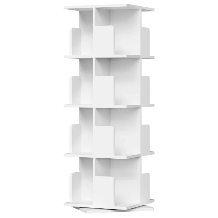Obrotowy regał na książki 360° – 4 poziomy, 16 przegródek, 39,5 × 39,5 × 128 cm