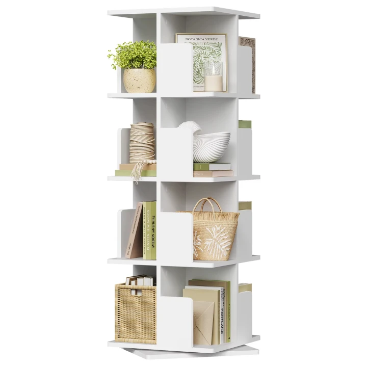 Obrotowy regał na książki 360° – 4 poziomy, 16 przegródek, 39,5 × 39,5 × 128 cm