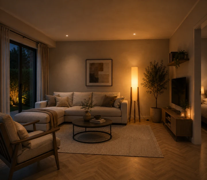 Lampa Podłogowa Drewniana Orzech Trójnóg LED 3 Barwy Światła Włącznik Nożny 127cm