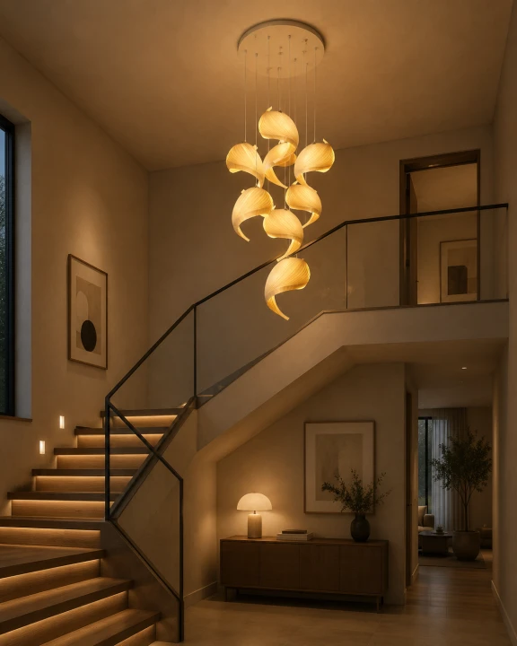 Lampa Wisząca Kaskadowa Spiral Cascade Grand 80cm Żyrandol 8-Punktowy Japandi na Klatkę Schodową i Antresolę
