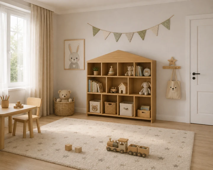 Regał Dziecięcy Domek Drewniany na Książeczki Zabawki Montessori Dąb