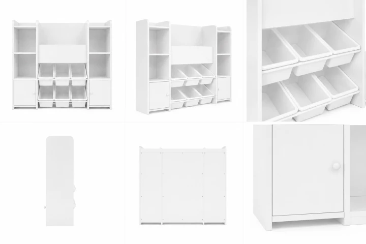 Biały Regał Dziecięcy Biblioteczka Montessori Organizer z Pojemnikami na Zabawki
