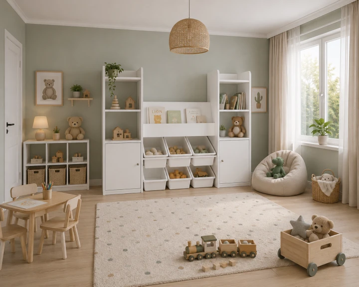 Biały Regał Dziecięcy Biblioteczka Montessori Organizer z Pojemnikami na Zabawki