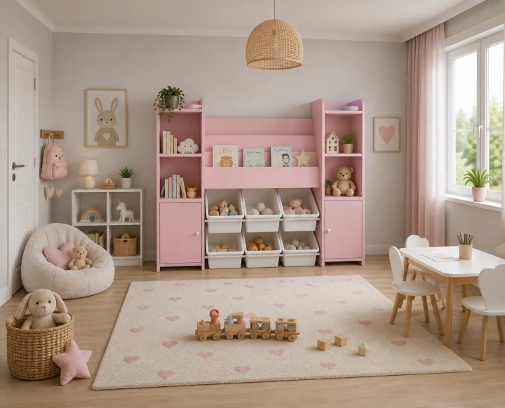 Różowy Regał Dziecięcy Biblioteczka Montessori Organizer z Pojemnikami na Zabawki