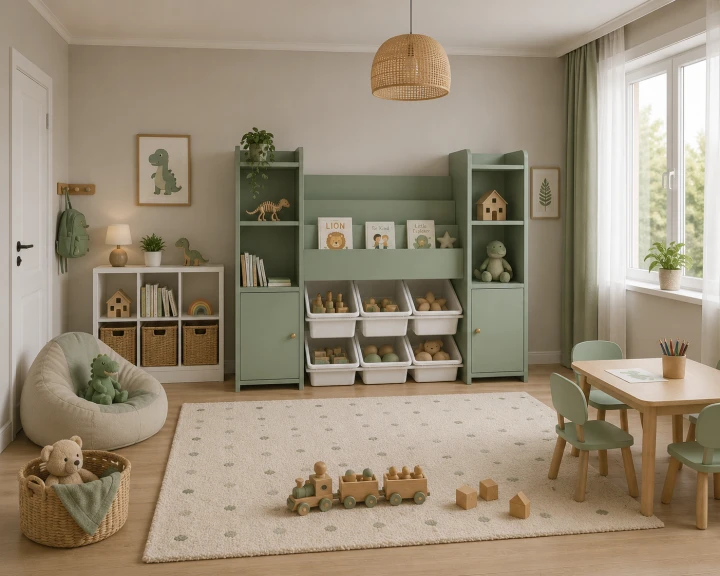 Zielony Oliwkowy Regał Dziecięcy Biblioteczka Montessori Organizer z Pojemnikami na Zabawki