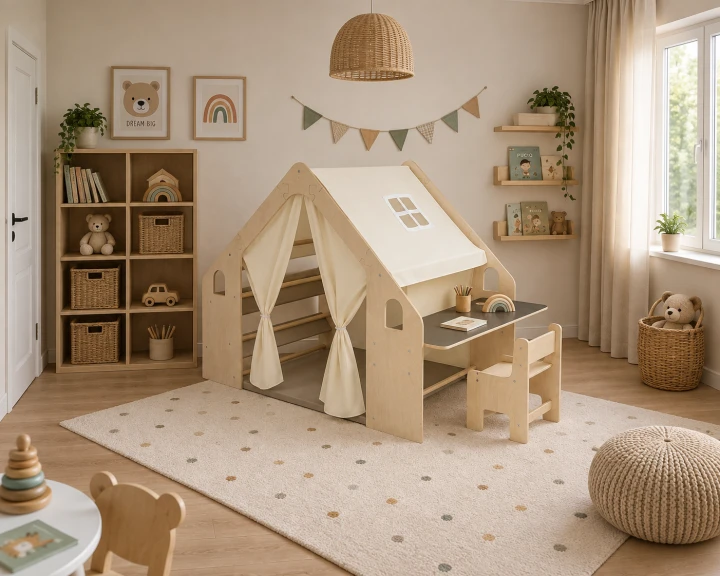 Drewniany Domek Namiot do Zabawy dla Dzieci z Biurkiem i Krzesełkiem Montessori