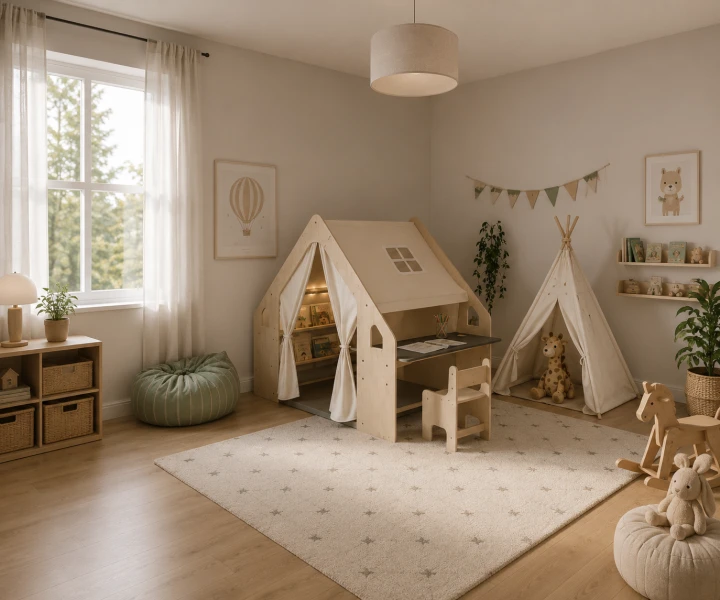 Drewniany Domek Namiot do Zabawy dla Dzieci z Biurkiem i Krzesełkiem Montessori