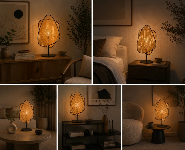 Lampa podłogowa stojąca Boho Bali Glow z plecionym abażurem